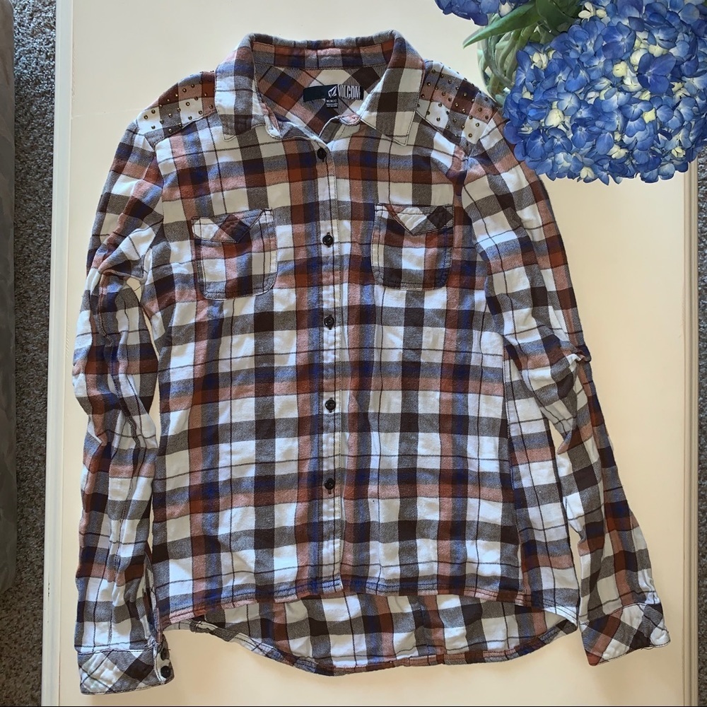 Volcom Studded Embellished Brown Plaid Flannel Sz M
